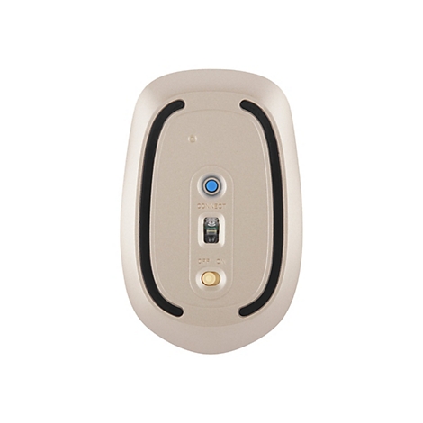 Unterseite einer beigen kabellosen Computermaus mit Sensor, Connect-Taste und Ein-Aus-Schalter.