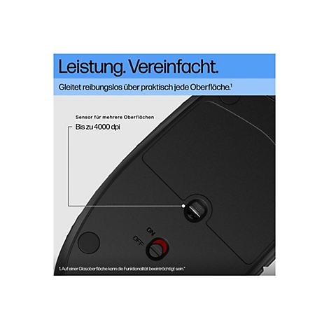 Detailaufnahme einer schwarzen Maus, die einige Produktmerkmale hervorhebt. Oben steht "Leistung. Vereinfacht.", darunter "Gleitet reibungslos über praktisch jede Oberfläche". Es zeigt den Ein-Aus-Schalter und einen Hinweis zur Funktionalität auf Glas.