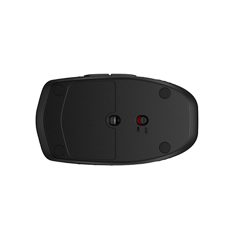 Draufsicht auf eine schwarze Computermaus. Auf der Unterseite befinden sich Ein-/Ausschalter, sowie runde Pads.