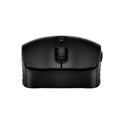 Draufsicht auf eine schwarze Gaming-Maus mit Daumentasten, Scrollrad und DPI-Taste.