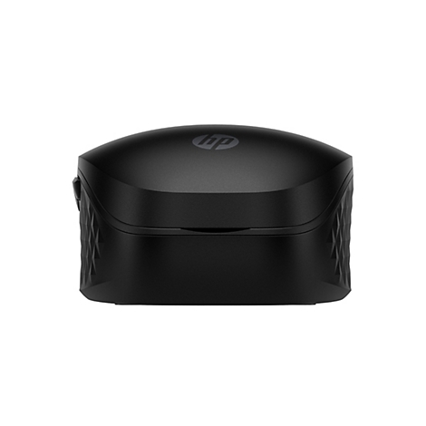 Schwarze, eiförmige HP-Maus auf weißem Hintergrund. Oben das HP-Logo.