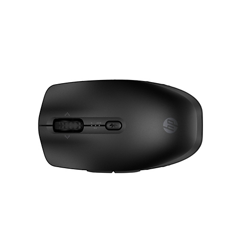 Schwarze kabellose HP-Maus in der Draufsicht auf weißem Hintergrund.