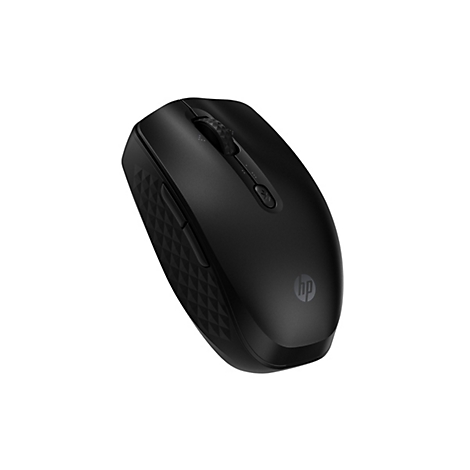 Schwarze HP-Computermaus mit Scrollrad und HP-Logo auf weißem Hintergrund.