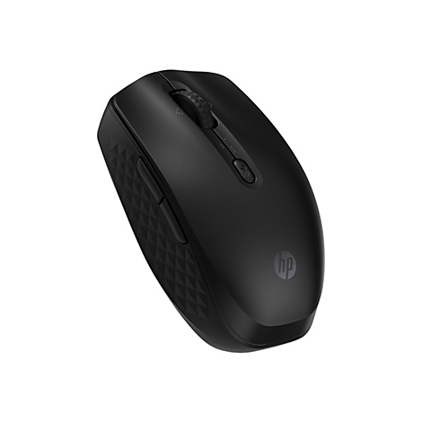 Schwarze HP-Computermaus mit Scrollrad und Logo auf weißem Hintergrund.
