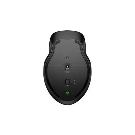 Draufsicht auf eine schwarze Computermaus. Auf der Unterseite befinden sich eine Ein/Aus-Taste, eine Bluetooth-Taste und ein Ladeanschluss.