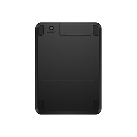 Schwarze Unterseite einer rechteckigen Tastatur mit Connect-Taste und Gummifüßen.