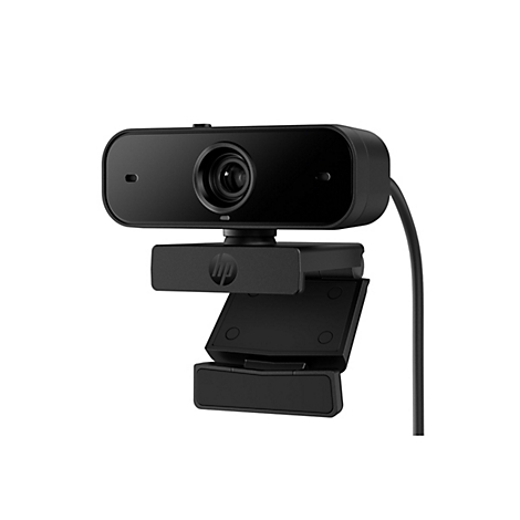 Schwarze HP Webcam mit drehbarem Sockel, vor weißem Hintergrund. Das Objektiv befindet sich im Zentrum des rechteckigen Gehäuses.