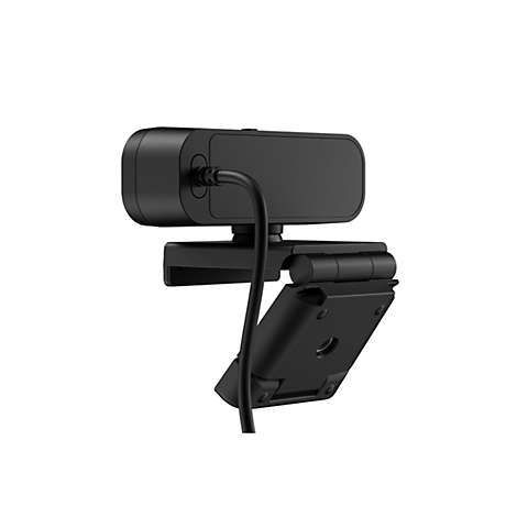 Schwarze Webcam, Detailaufnahme. Ein schwarzes Kabel ist angeschlossen. Die Webcam hat einen verstellbaren Fuß.