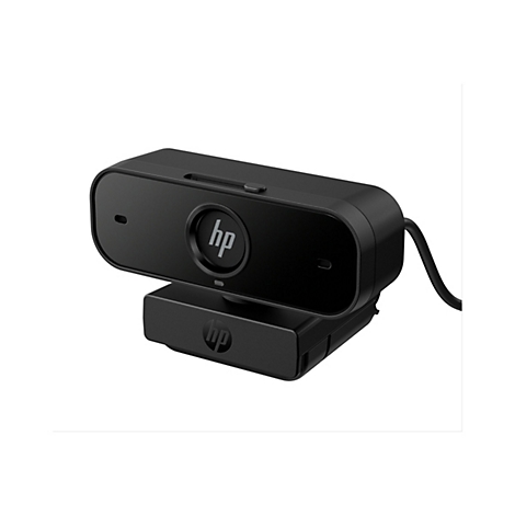 Schwarze HP Webcam mit Logo auf weißem Hintergrund.
