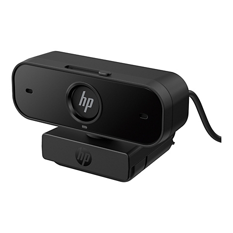 Schwarze HP Webcam mit HP Logo. Mikrofonöffnungen sind sichtbar. Die Webcam ist auf einem weißen Hintergrund abgebildet.