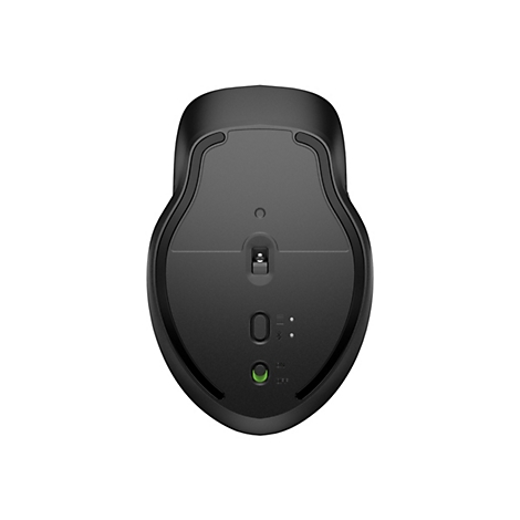 Draufsicht auf eine schwarze kabellose Computermaus. Auf der Unterseite befinden sich der Ein-/Ausschalter, eine grüne LED und andere Bedienelemente.