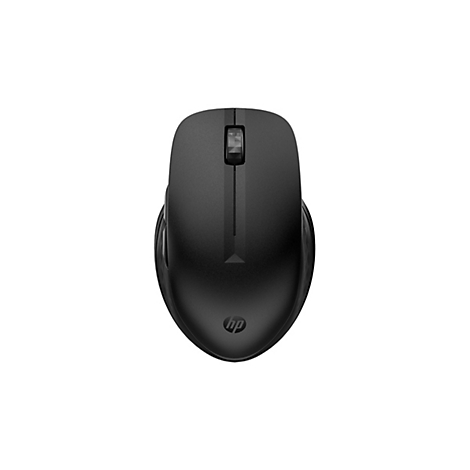 Schwarze HP-Maus, Draufsicht. Auf weißem Hintergrund.