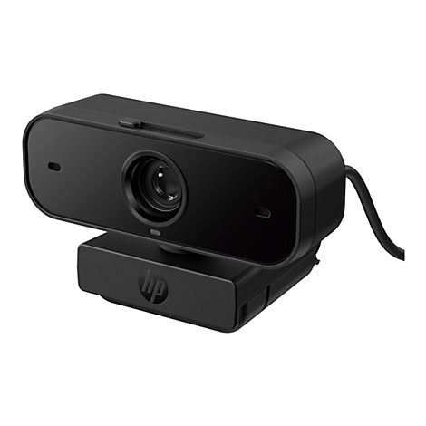 Schwarze HP Webcam mit zentralem Objektiv und Privacy-Slider auf einem Standfuß vor weißem Hintergrund.