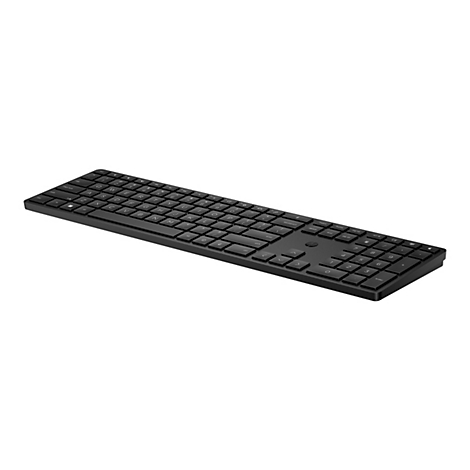 Schwarze HP-Tastatur mit Tastenkappen und Zahlenblock, auf weißem Hintergrund.