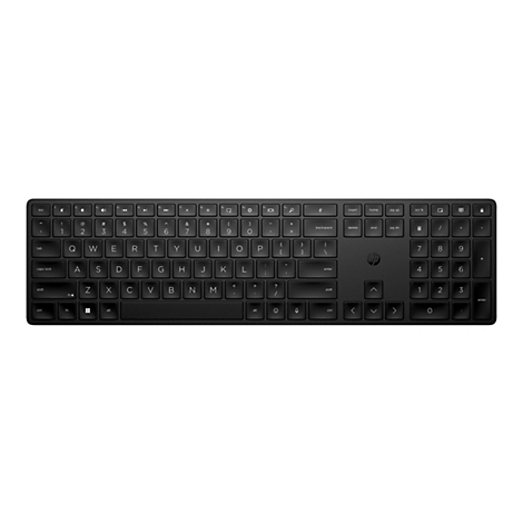 Schwarze HP-Tastatur mit weißen Beschriftungen auf den Tasten vor weißem Hintergrund.