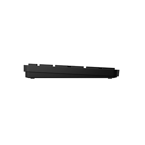 Schwarze Tastatur, Seitenansicht. Tasten und Gehäuse sind zu sehen.