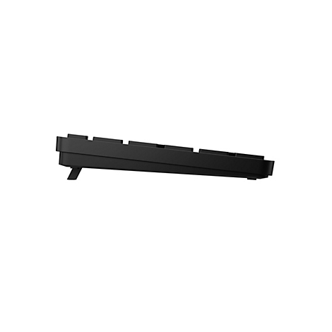 Schwarze Tastatur von der Seite, vor weißem Hintergrund. Unterseite mit ausklappbaren Füßen.