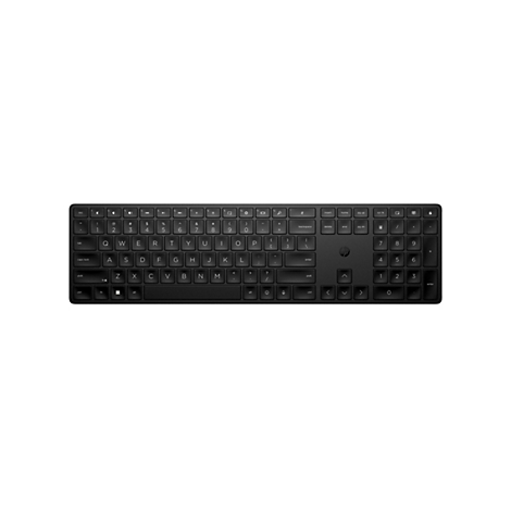 Schwarze HP-Tastatur, von oben fotografiert, mit weißen Buchstaben auf den Tasten. Hintergrund ist weiß.