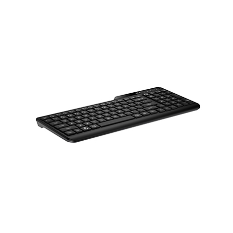 Schwarze kabellose Tastatur mit flachen Tasten und integriertem Nummernblock, schräg von der Seite fotografiert.