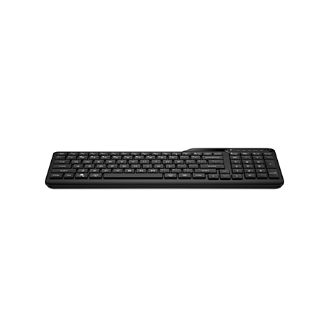 Schwarze kabellose Tastatur mit flachen Tasten und integriertem Nummernblock auf weißem Hintergrund.