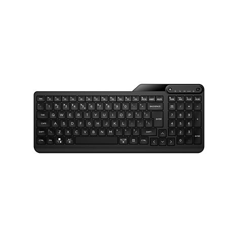 Schwarze kabellose PC-Tastatur mit integriertem Ziffernblock und Status-LEDs auf weißem Hintergrund.