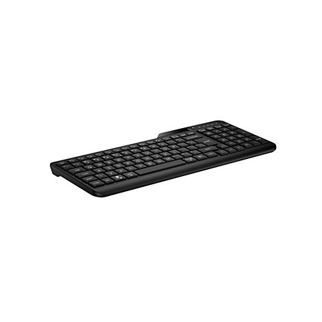 Schwarze, kompakte Tastatur mit Ziffernblock, in perspektivischer Ansicht vor weißem Hintergrund.