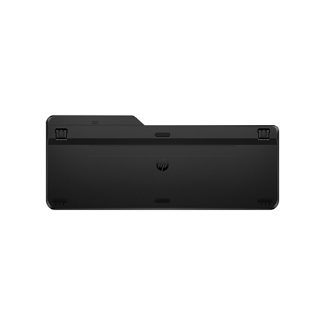 Draufsicht auf eine schwarze Dockingstation mit HP-Logo.