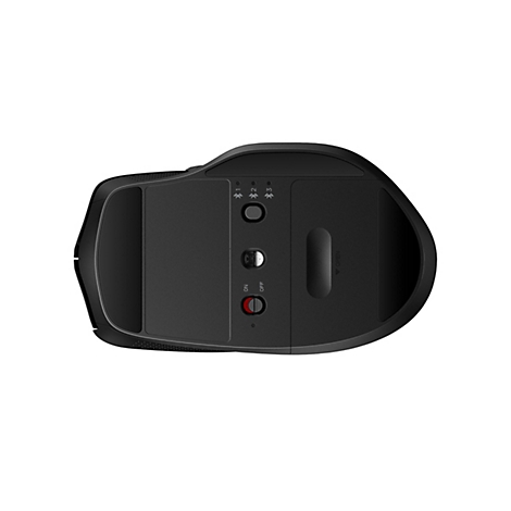 Unterseite einer schwarzen kabellosen Maus mit Bluetooth-Wahltaste, Sensor und Ein-Ausschalter.