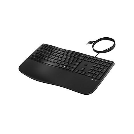 Schwarze, kabelgebundene HP-Tastatur mit integrierter Handballenauflage vor weißem Hintergrund.