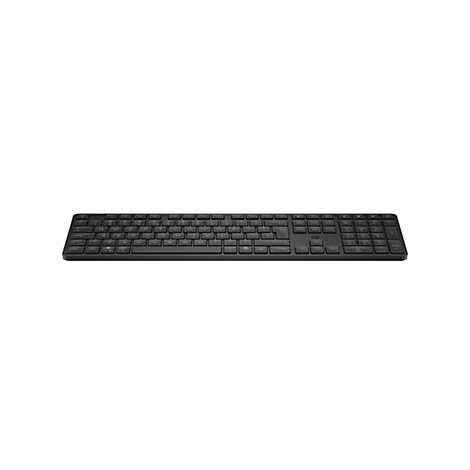 Schwarze kabellose HP Tastatur mit QWERTZ-Layout und Ziffernblock vor neutralem, weißem Hintergrund.