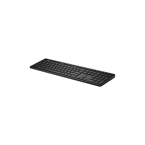 Schwarze HP Tastatur in leicht schräger Ansicht vor weißem Hintergrund.