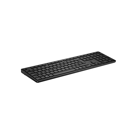 Schwarze, flache HP-Tastatur in Perspektive auf weißem Hintergrund.