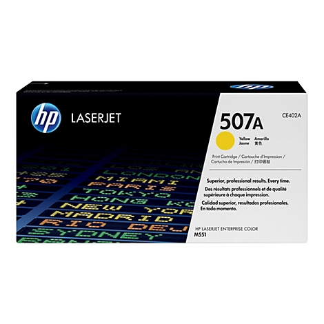 Gelbe HP 507A Laserjet Toner-Kartusche, mit gelbem Farbkreis. Text: Yellow, Jaune, Amarillo.