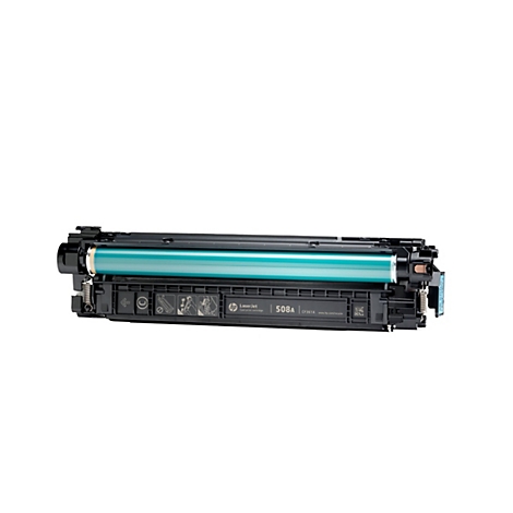 Une cartouche de toner HP Laserjet noire sur fond blanc. Elle a un rouleau turquoise et un autocollant avec des spécifications.
