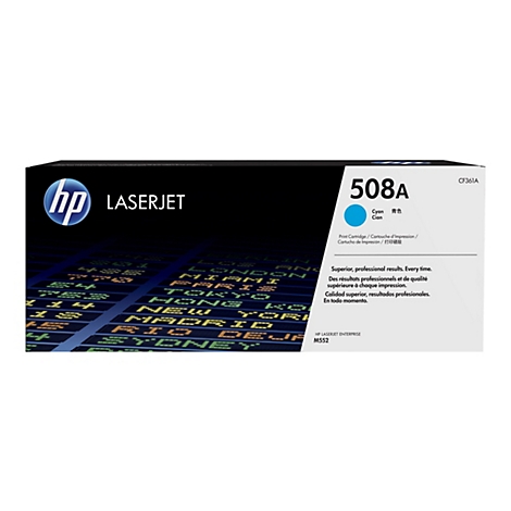 HP LaserJet-Tonerpatrone, 508A Cyan, mit dem Logo von HP auf schwarzem Hintergrund, vor dem Hintergrund eines Anzeigetafelfelds.