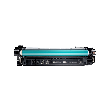 HP Laserjet-Tonerpatrone 508A, gelbe Farbe, in Nahaufnahme vor weißem Hintergrund.