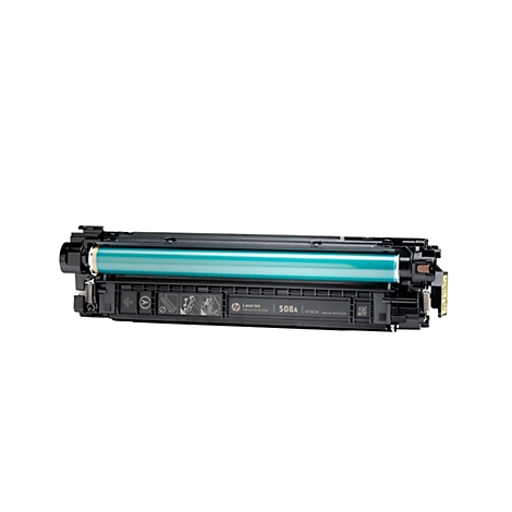 Schwarze HP 508A Tonerkartusche, detailliert vor weißem Hintergrund. Die Kartusche hat eine zylindrische Form mit einem hellgrünen Kern und schwarzer Außenhülle.