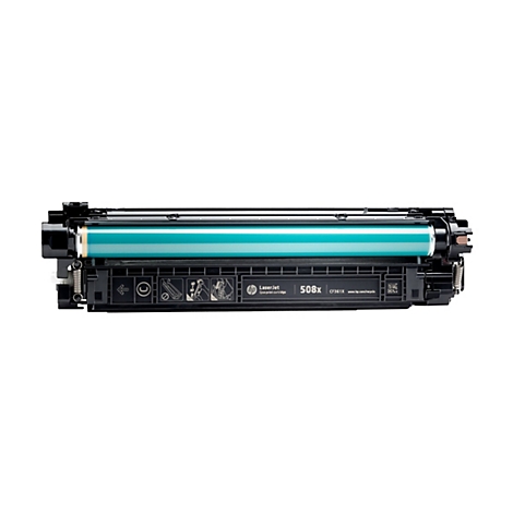 Eine HP Laserjet-Tonerpatrone, weißer Hintergrund. Gezeigt werden der schwarze Rahmen, das grüne Walzenteil und der Markenname.