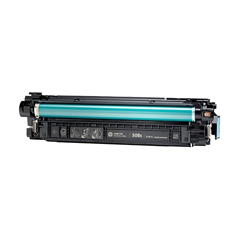 Eine schwarze HP LaserJet Tonerkartusche mit blauem Zylinder. Aufgedruckte Schriftzüge: 508X, CF361X, Cyan Print Cartridge.