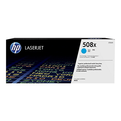 Eine HP LaserJet Druckerpatrone in Blau und Weiß. Die Schriftzüge sind schwarz, mit einer blauen Kugel. Es ist ein Hintergrund mit Städtenamen zu sehen.