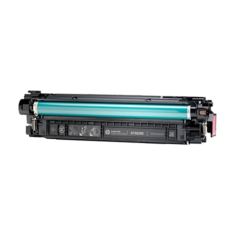 Eine HP Laserjet CF363XC Magentafarben Tintenpatrone. Schwarze und türkisfarbene Elemente.