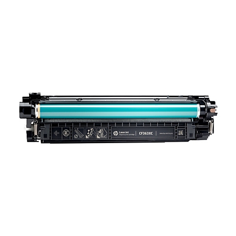 Eine HP LaserJet-Toner-Kartusche CF363XC auf weißem Hintergrund. Das zylindrische Innenleben schimmert türkis.