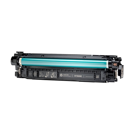 HP LaserJet CF360XC Tonerkartusche. Schwarz-Weiß-Druckerzubehör, mit Schriftzug und QR-Code.
