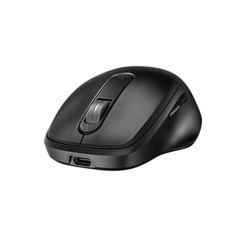 Schwarze kabellose Computermaus mit strukturiertem Scrollrad und USB-C-Anschluss vor weißem Hintergrund.