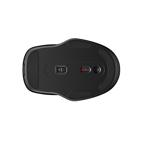 Draufsicht auf eine schwarze Computermaus. An der Unterseite befinden sich Bedienelemente und Gleitflächen.