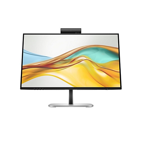 Ein moderner Poly Studio Monitor mit integrierter Kamera auf einem silbernen Standfuß vor weißem Hintergrund.