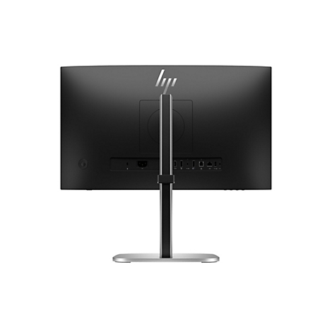 Rückseite eines schwarzen HP-Monitors auf einem silbernen Standfuß mit sichtbaren Anschlüssen.
