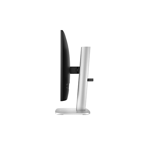 Seitenansicht eines Monitors mit schwarzem Display und silbernem Standfuß vor weißem Hintergrund.