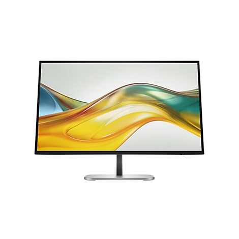 Moderner, schlanker Monitor mit flüssigem, abstraktem Wellendesign auf dem Bildschirm vor weißem Hintergrund.