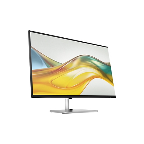 Moderner, schlanker Monitor mit silbernem Standfuß und abstraktem, farbenfrohem Hintergrundbild.